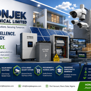3D corporate banner of HONJEK TECHNICAL LIMITED and HONJEK EXPRESS showcasing solar energy systems, CCTV security cameras, electrical engineering services, lithium battery storage, hybrid inverter installation, and digital marketplace solutions in Nigeria