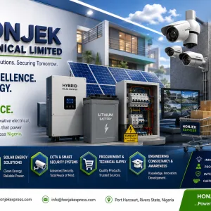 3D corporate banner of HONJEK TECHNICAL LIMITED and HONJEK EXPRESS showcasing solar energy systems, CCTV security cameras, electrical engineering services, lithium battery storage, hybrid inverter installation, and digital marketplace solutions in Nigeria