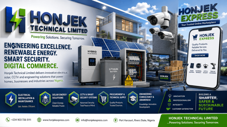 3D corporate banner of HONJEK TECHNICAL LIMITED and HONJEK EXPRESS showcasing solar energy systems, CCTV security cameras, electrical engineering services, lithium battery storage, hybrid inverter installation, and digital marketplace solutions in Nigeria