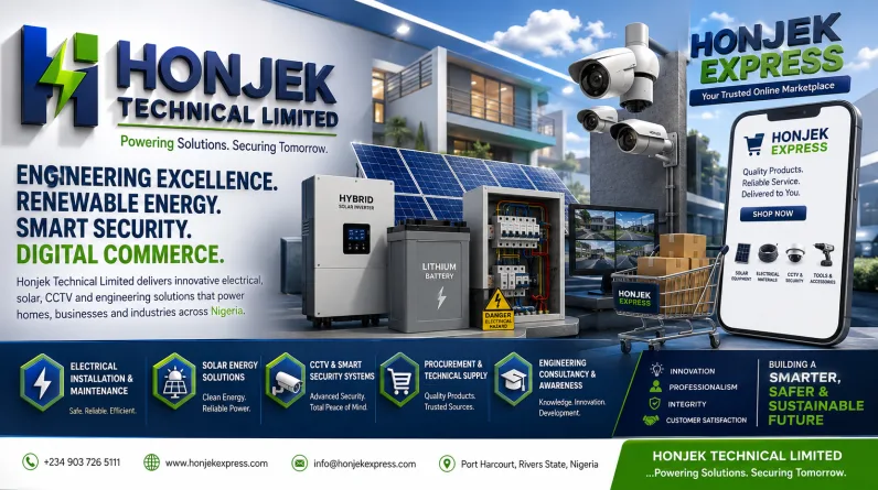 3D corporate banner of HONJEK TECHNICAL LIMITED and HONJEK EXPRESS showcasing solar energy systems, CCTV security cameras, electrical engineering services, lithium battery storage, hybrid inverter installation, and digital marketplace solutions in Nigeria